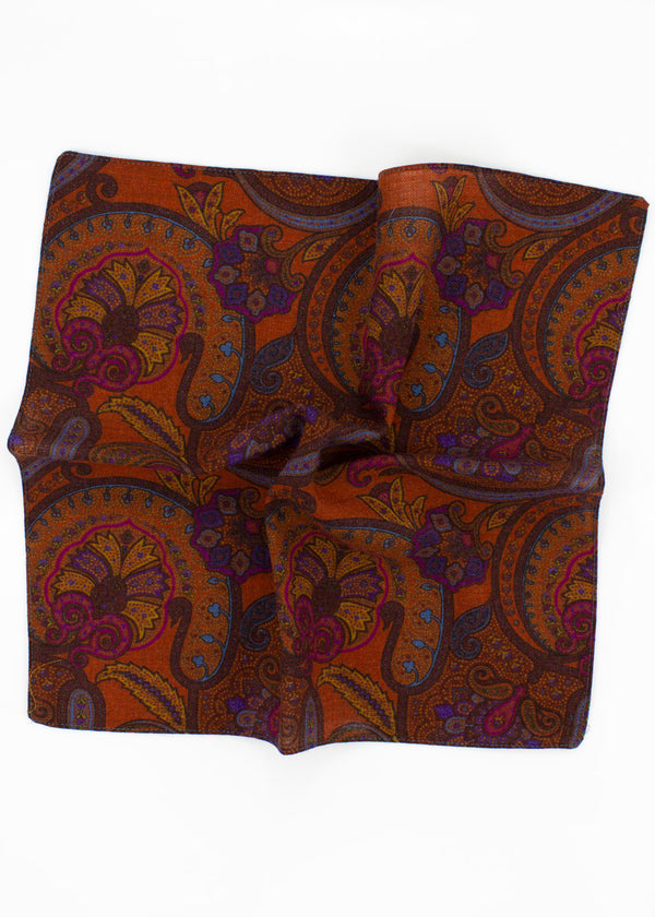 Paisley Wool Pocket Square - Orange